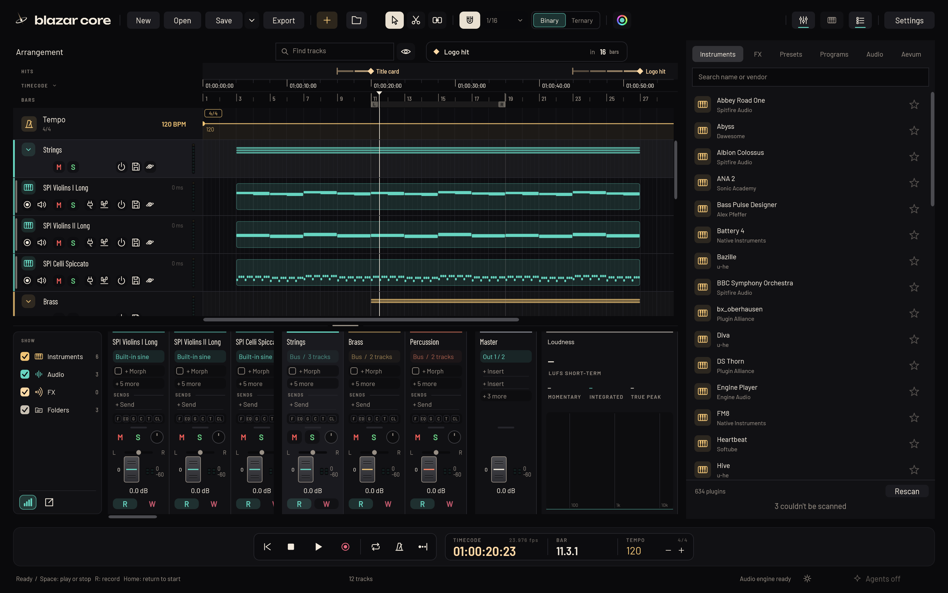 The arrangement: folders of tracks, hit points over the rulers, the tempo track, the mixer and the browser