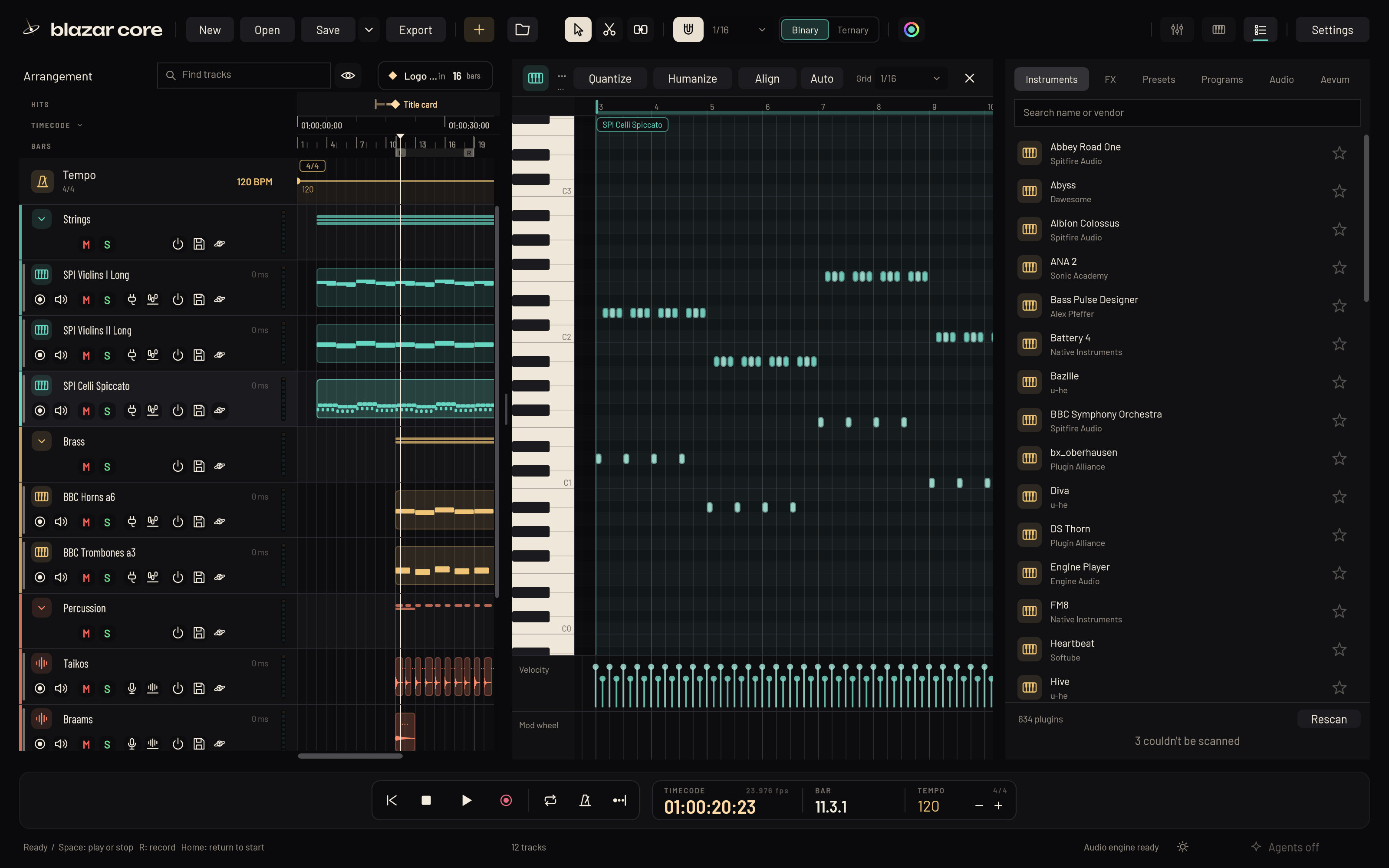 The piano roll beside the arrangement, with Quantize, Humanize and Align above the notes