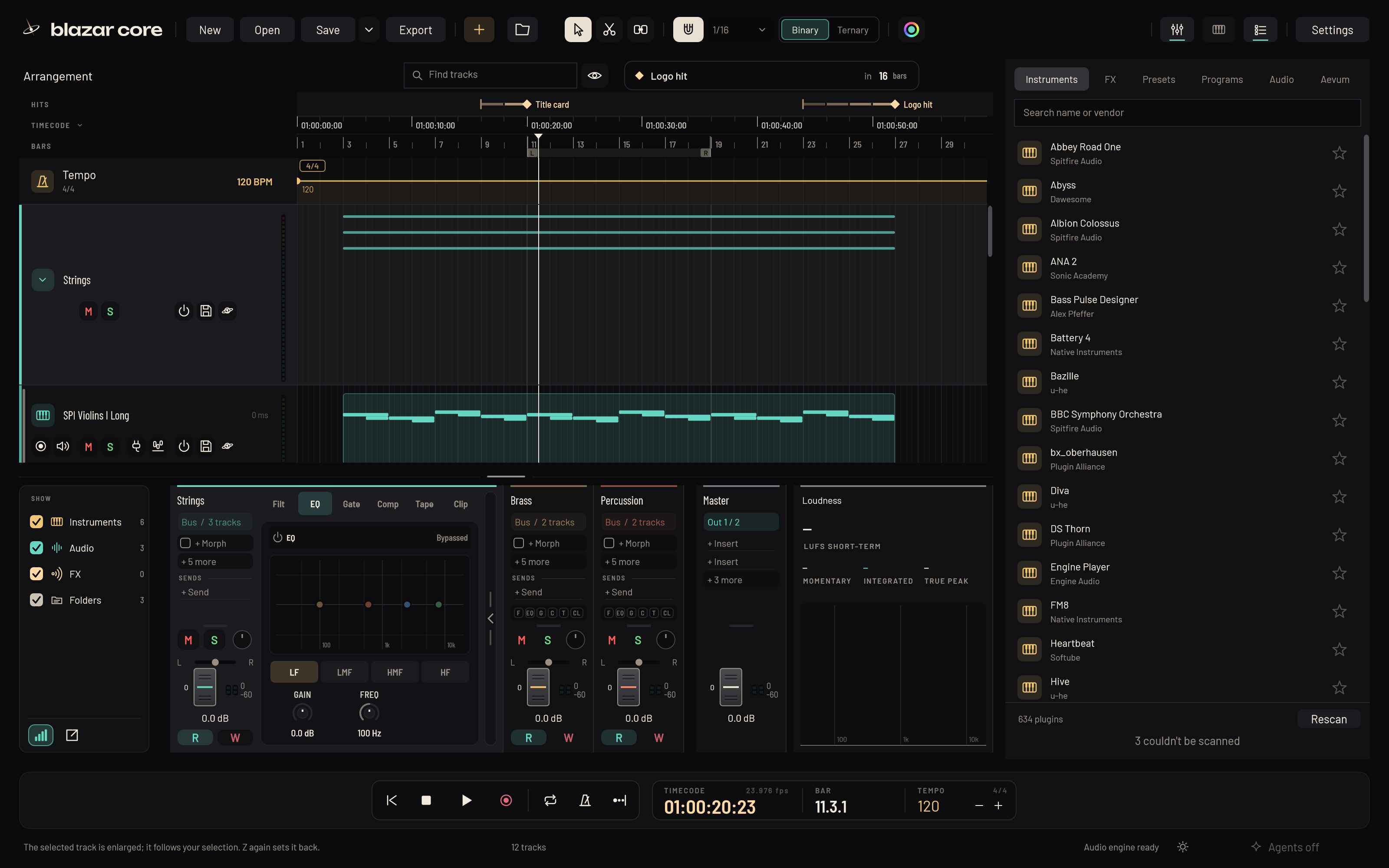 A channel zoomed in the mixer: filters, EQ with its spectrum, gate, compressor and tape